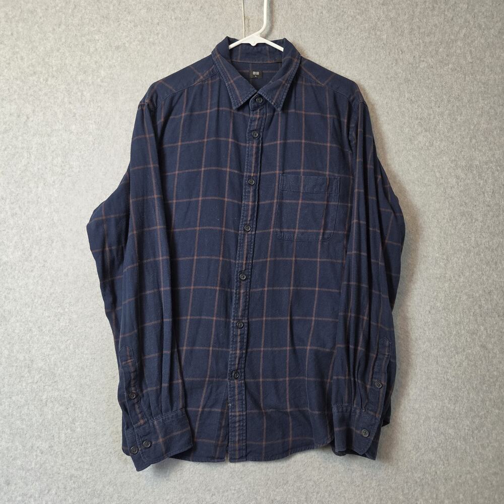 Uniqlo 100% Cotton Blue Plaid Check LS Flannel Grunge Button Up Shirt Men's XL